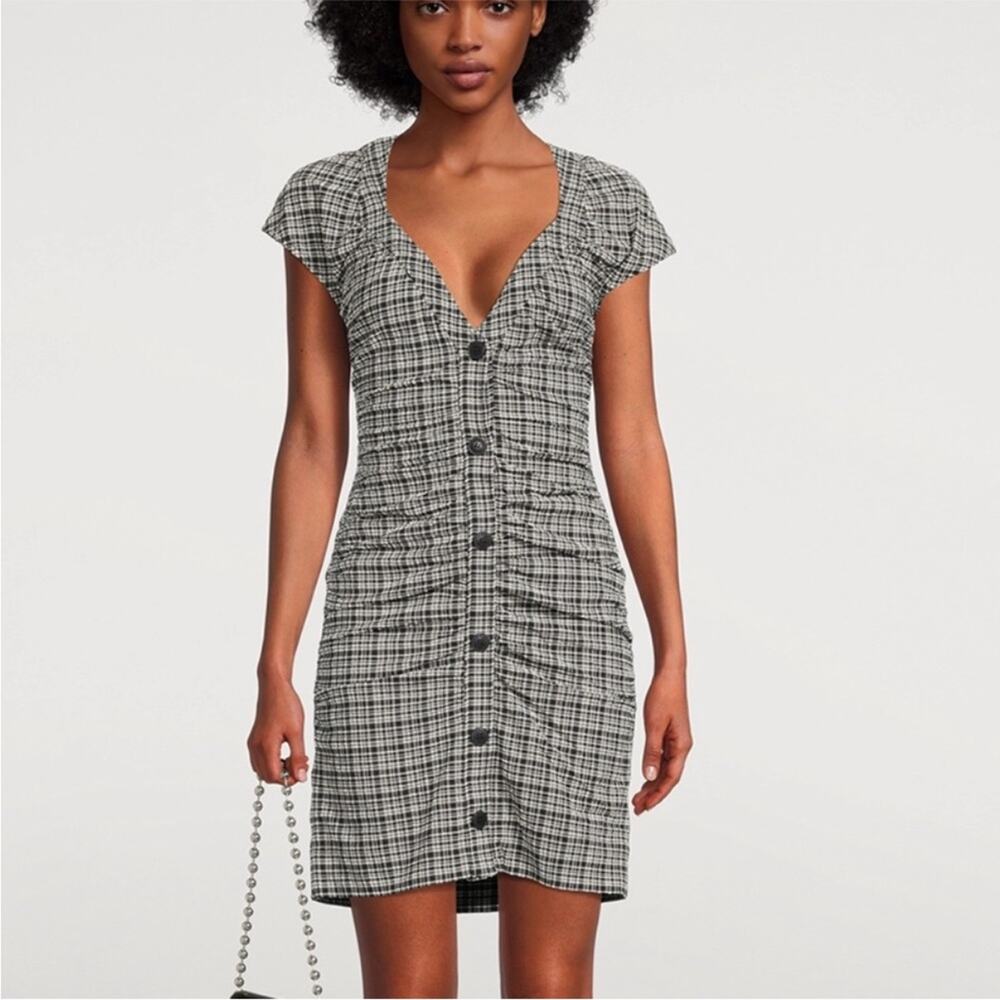 Ganni Reversible Ruched Seersucker Mini Dress Black White Plaid Print 34 XS